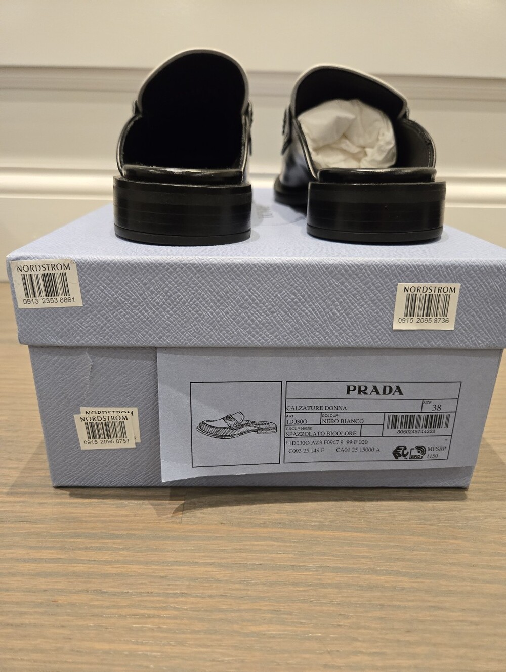 $1,200 Prada Brushed Leather Bi-color Triangle Logo Loafer Mule EU 38 US 8 BNIB - Picture 9 of 13